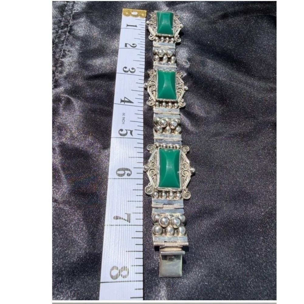 Vintage Mid-Century Mexican Sterling Silver Green Onyx Panel Link Bracelet 7 in - Picture 16 of 16